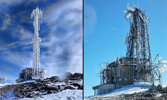 Before and after views of a tower on a mountain where the top of the tower collapsed during a high wind storm.